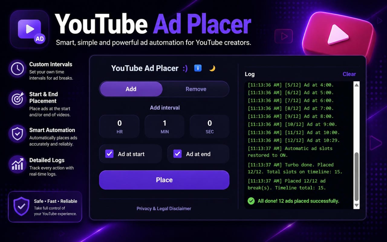 YouTube Ad Placer Screenshot